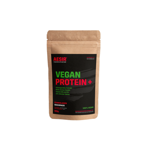 VEGAN PROTEIN+ von AESIR Nutrition. Kakao, BCAA, Ashwagandha, Vitamin B6, Vitamin D3, Kürbiskerne, sojafrei.