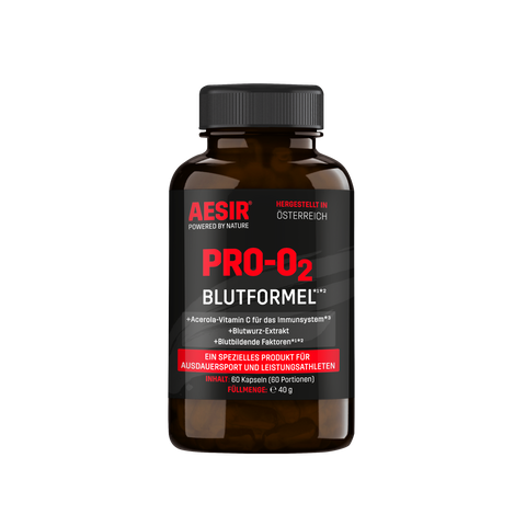 Pro-O2 von AESIR Nutrition. Acerola-Extrakt, Blutwurz-Extrakt, Brennesselblatt-Extrakt, L-Lysin, Kelpalgen-Pulver und Rote-Bete-Pulver für ausreichend Sauerstoff.