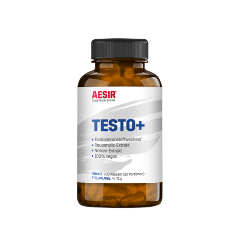 TESTO+ von AESIR Nutrition. Qualität und Potenz: Cordyceps sinensis, Gewürznelken- und Bockshornkleessamen, Brennnessel, Ingwer, Zinkpicolinat für Testosteronstoffwechsel. Für dopinggeprüfte Sportler:innen geeignet.