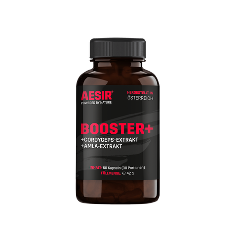 BOOSTER+ von AESIR Nutrition - Coffein, Cordyceps sinensis, Brokkoli, Mateblatt, Amlabeeren, Vitamine B5 (Panthotensäure) Vitamin B1 (Thiamin). Sport, Konzentration, Training