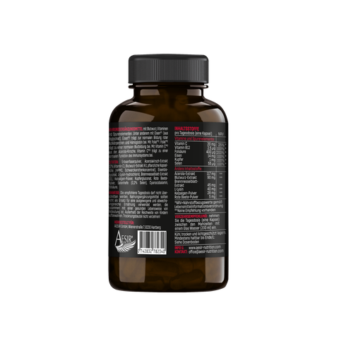 Pro-O2 von AESIR Nutrition. Acerola-Extrakt, Blutwurz-Extrakt, Brennesselblatt-Extrakt, L-Lysin, Kelpalgen-Pulver und Rote-Bete-Pulver für ausreichend Sauerstoff.